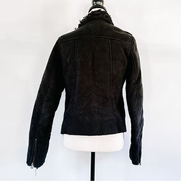Moussy Leather Suede Faux Shearling Zip Black Biker Moto Jacket Sz M - Picture 4 of 6